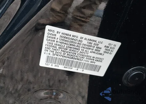 2016 Honda Pilot Ex z USA, uszkodzony, nr VIN 5FNYF6H34GB049653